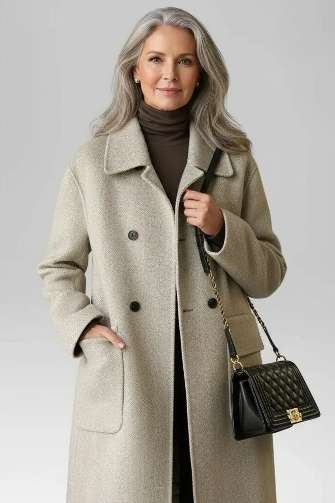 Beige belted coat with a black quilted bag for women over 50 at work