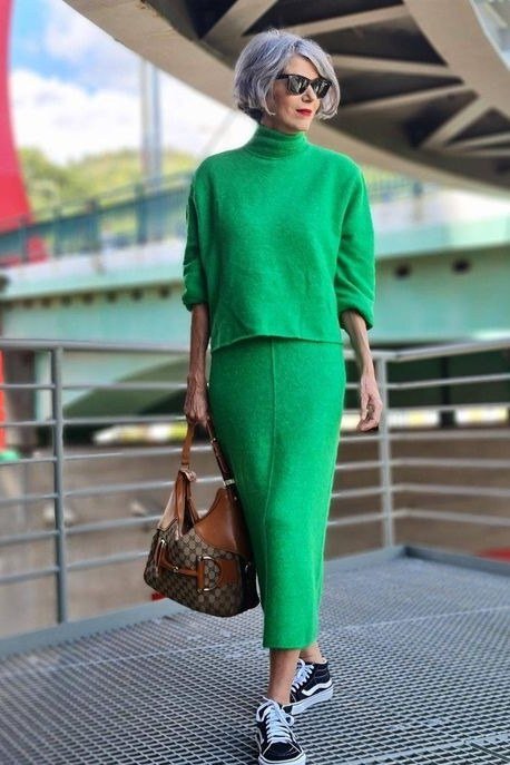 bright green knit midi dress, cheerful casual dress for women over 50