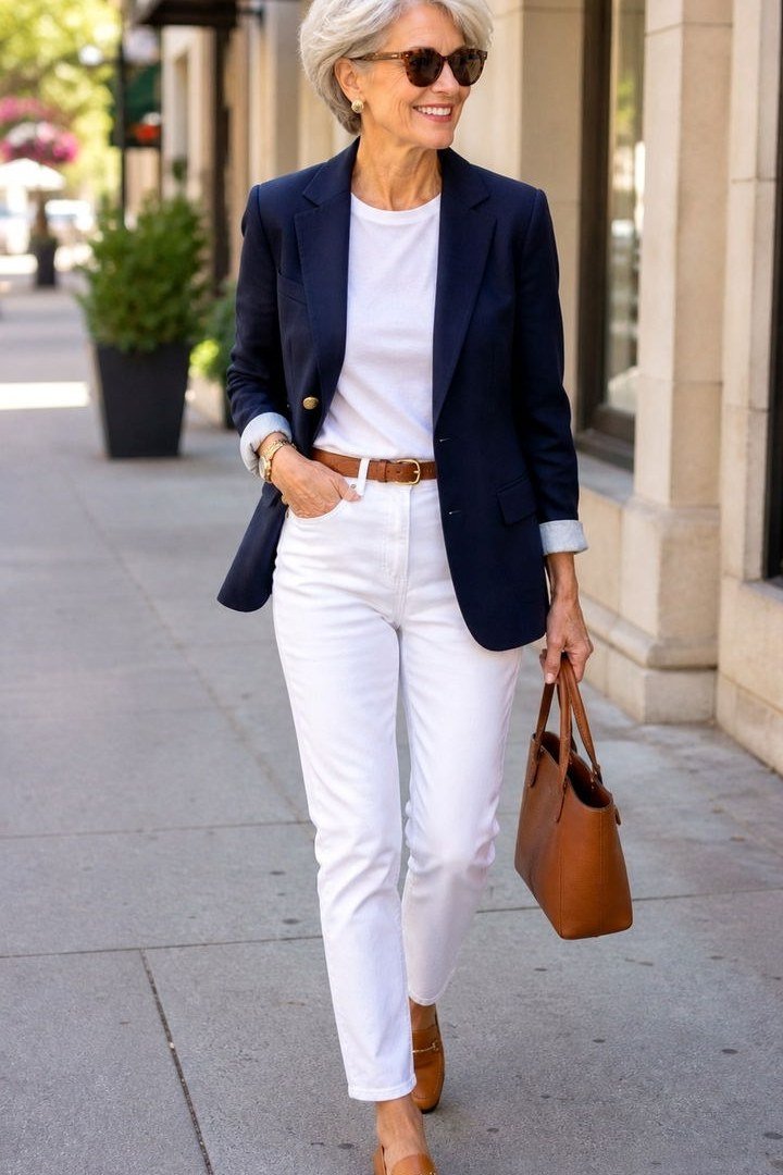 navy blazer white top white jeans over 50