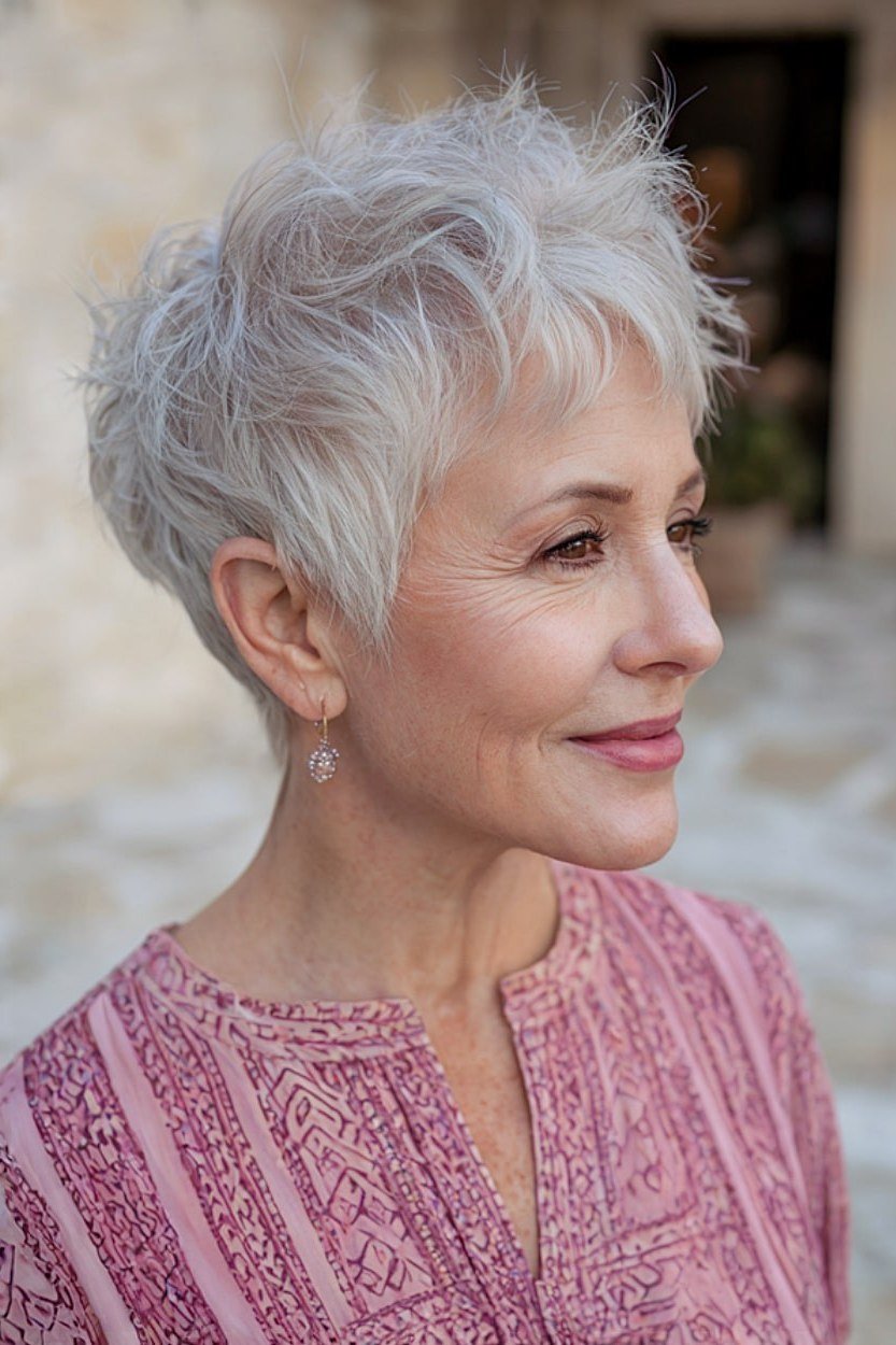 White shaggy bob haircut with clean shape over 60