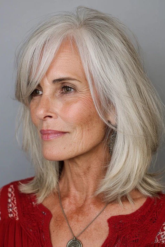 Smooth silver blowout layered medium-length hairstyle, front side view, for women over 50
