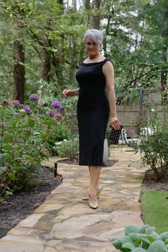 Black Midi Dress in the Garden, classy outfit for women over 60