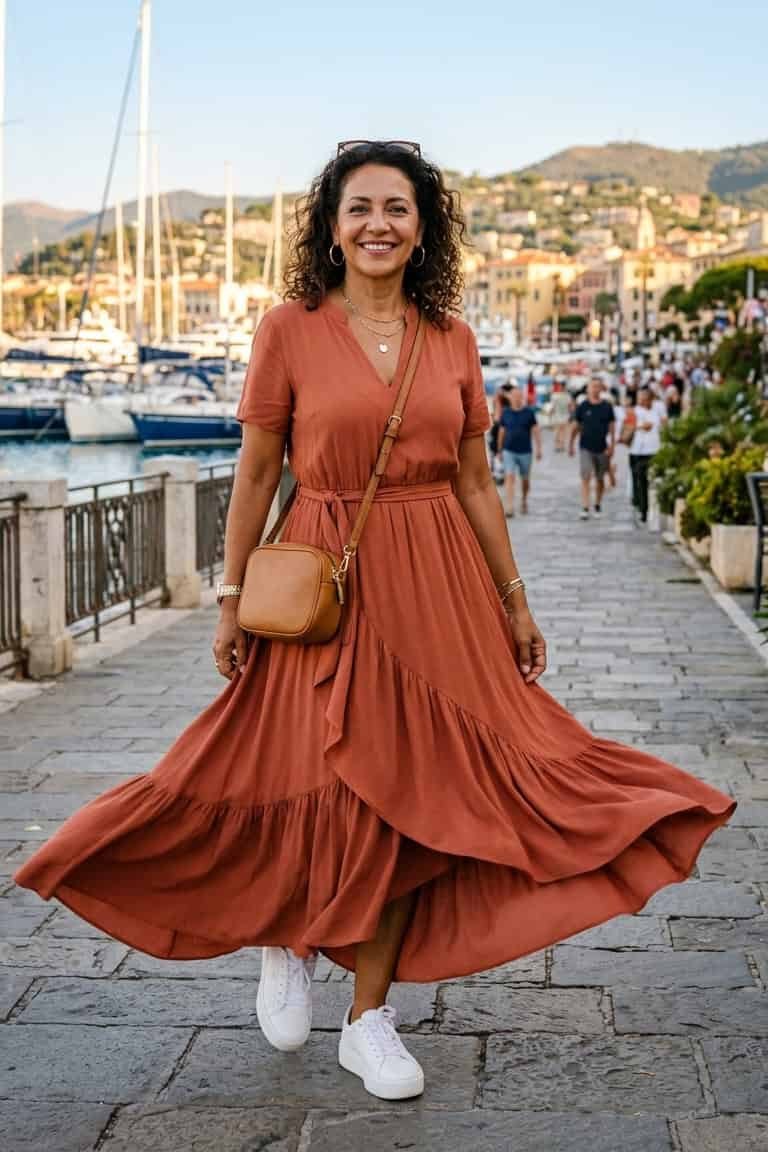 Woman over 50 wearing Rust tiered maxi dress with white sneakers at the marina.
