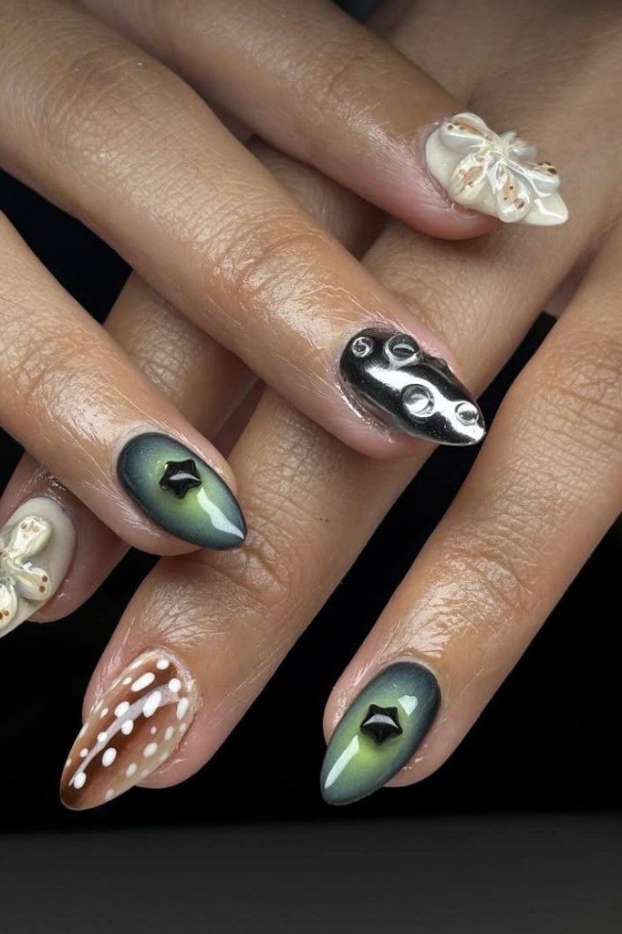Nude square nails with Bambi portrait and butterfly accents