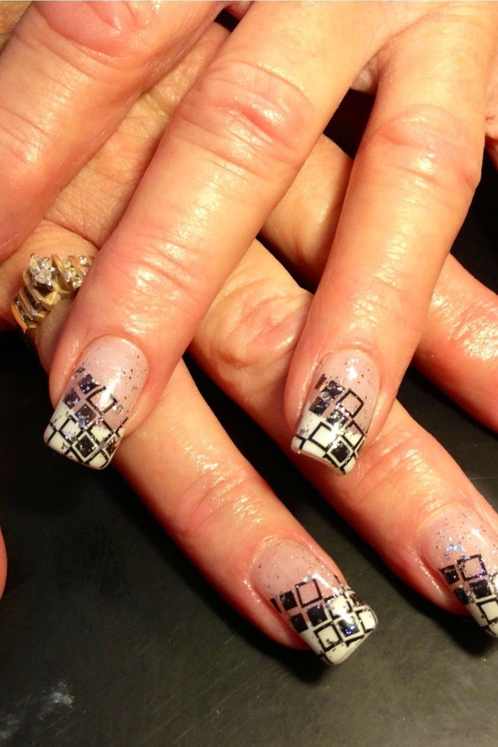 Nude Gel Nails with Checkerboard Art - short gel nail idea for women over 50