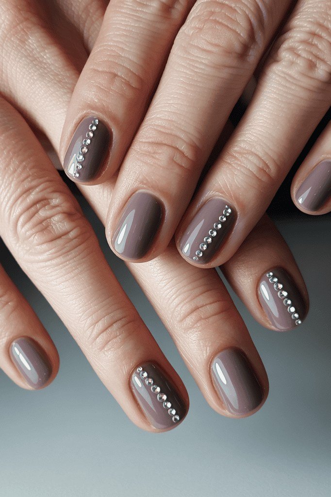 Taupe Nails with Rhinestone Lines for women over 70