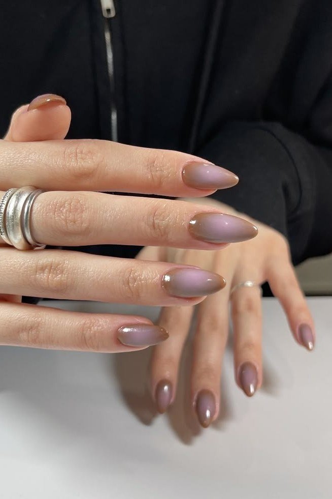 taupe mauve shimmer almond nails