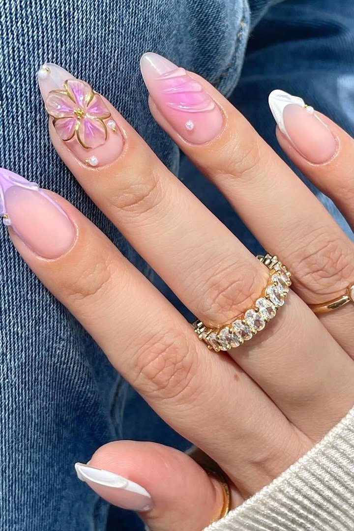 Pink and White French with Floral nail design for women over 40