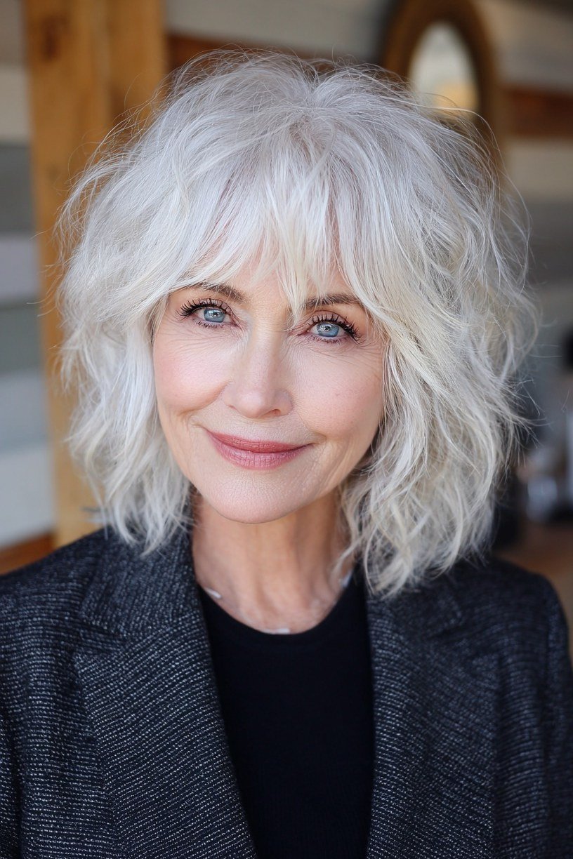 White shaggy bob, front view, blazer, short layered bob hairstyle for women over 60