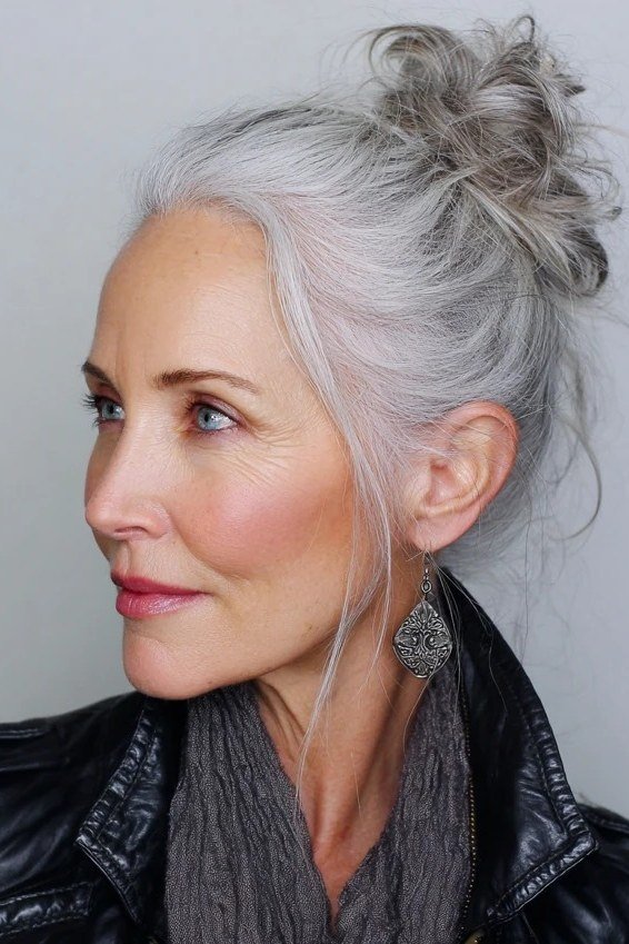 silver messy top bun updo, side view hairstyle for women over 70