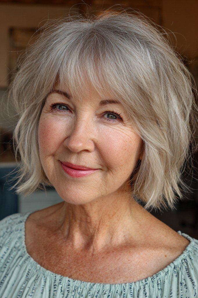 Silver-grey french bob with soft side-swept bangs and green top