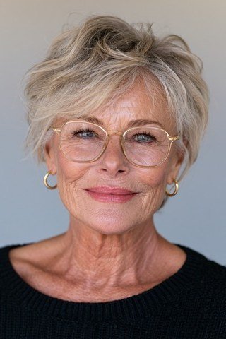 Blonde pixie haircut with glasses for women over 60