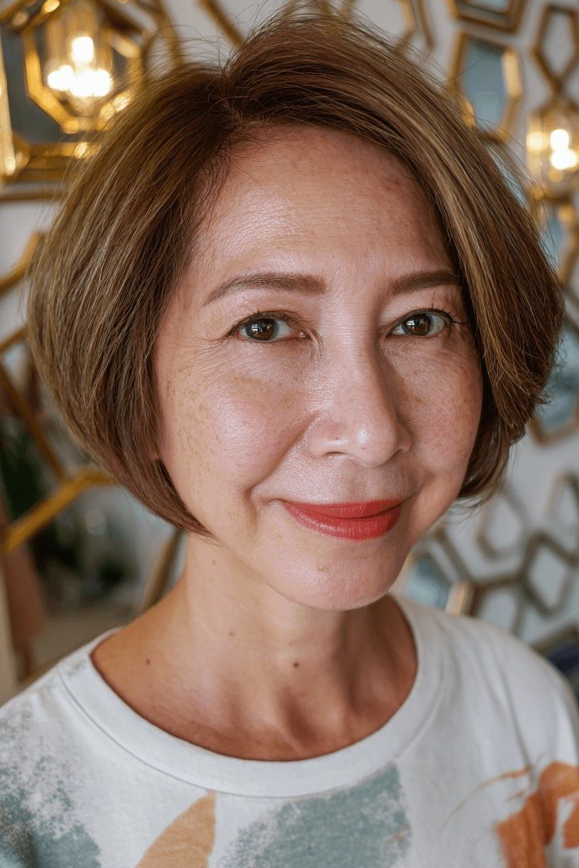 brown sleek bob with bangs, front view for women over 50