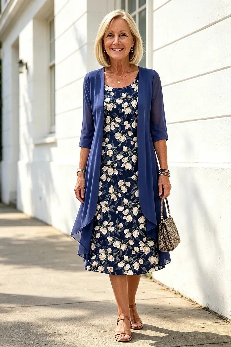 navy floral dress with blue cardigan for women over 60