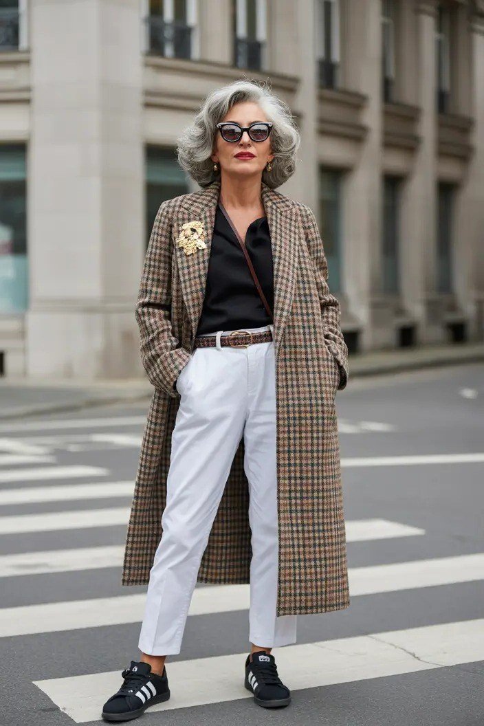 Woman over 60 in a houndstooth long coat with white trousers and black sneakers