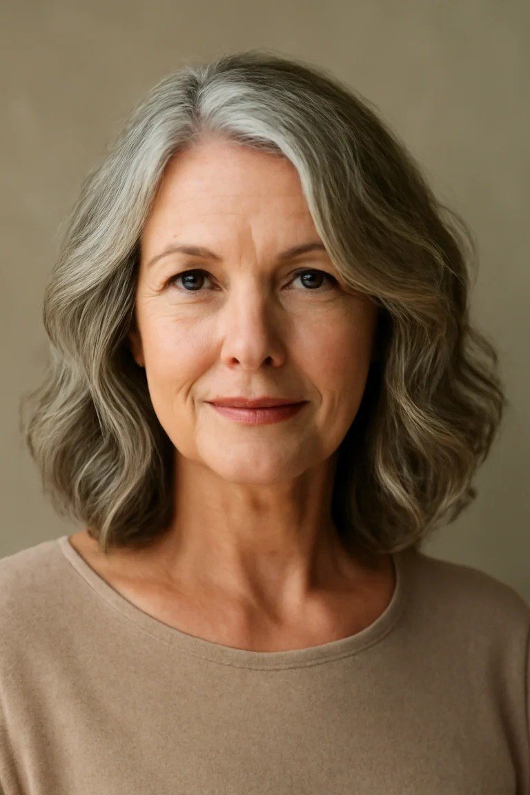 Taupe brown wavy lob for women over 60