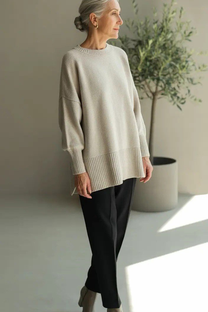 beige knit with black trousers and boots for women over 50