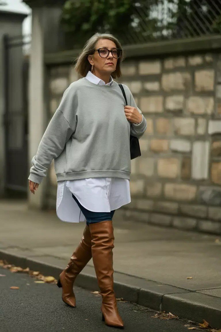 Gray sweatshirt over white shirt with tan knee-high boots