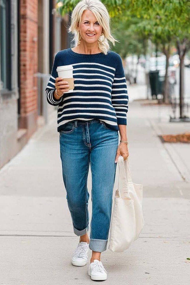 Casual fall outfit for women over 60: navy peacoat, cream turtleneck, dark jeans