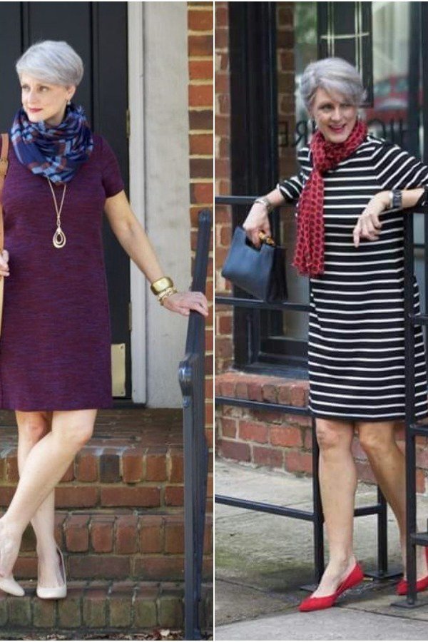 striped knit mini with scarf and purple knit mini for women over 60