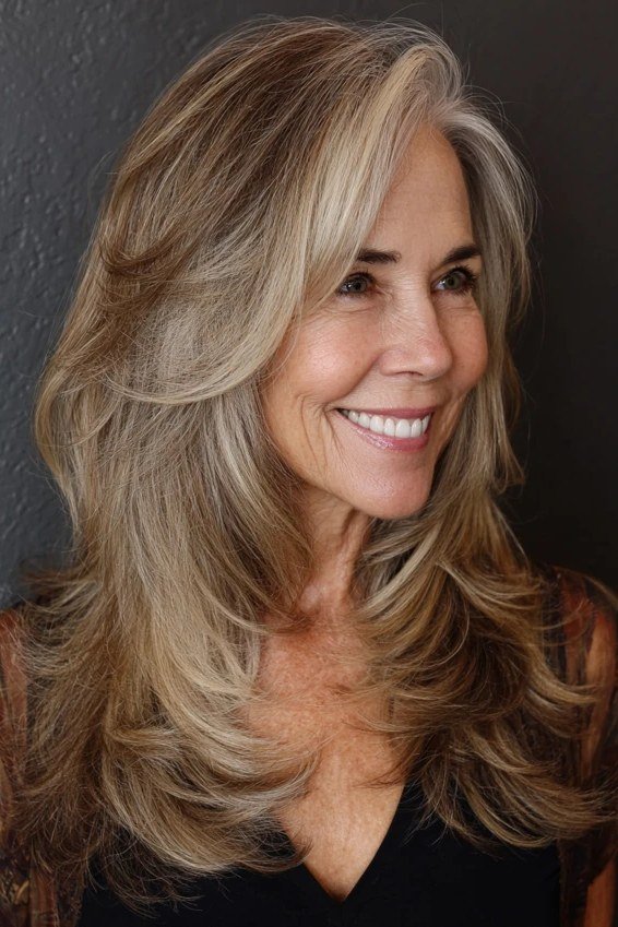 Luxe Brunette Long Layers, layered hairstyle for women over 70
