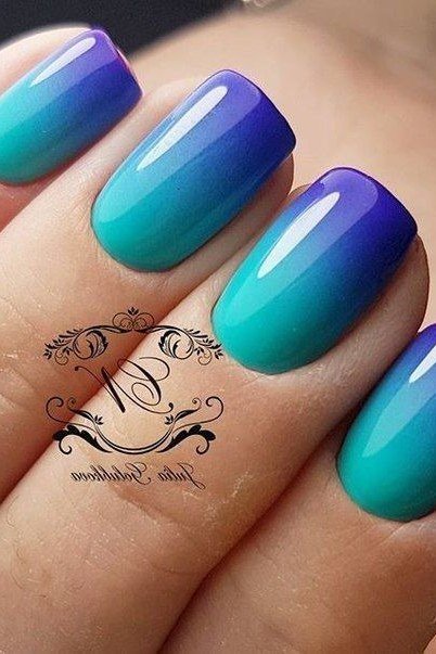 Blue to green ombre, medium nails, ombre nail design for women over 60