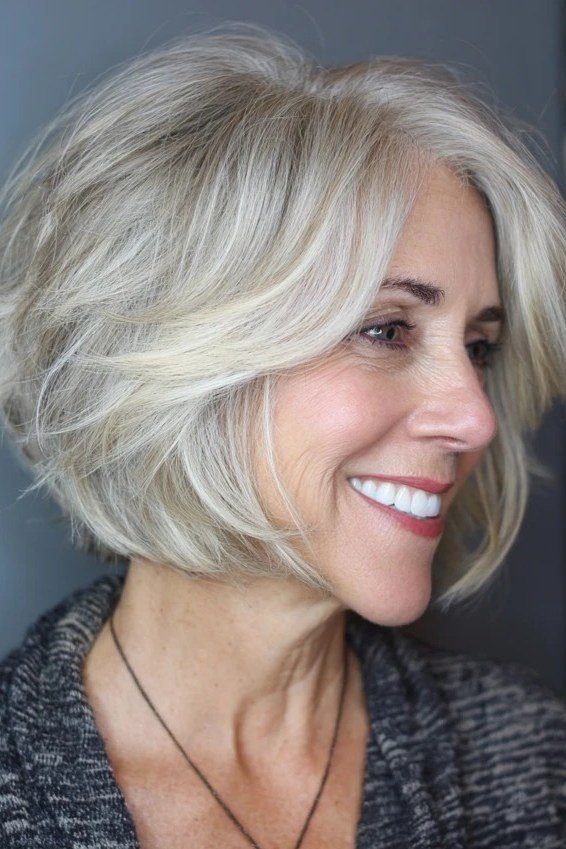 White Layered Bob with a Bright Finish, chic bob haircut for women over 50