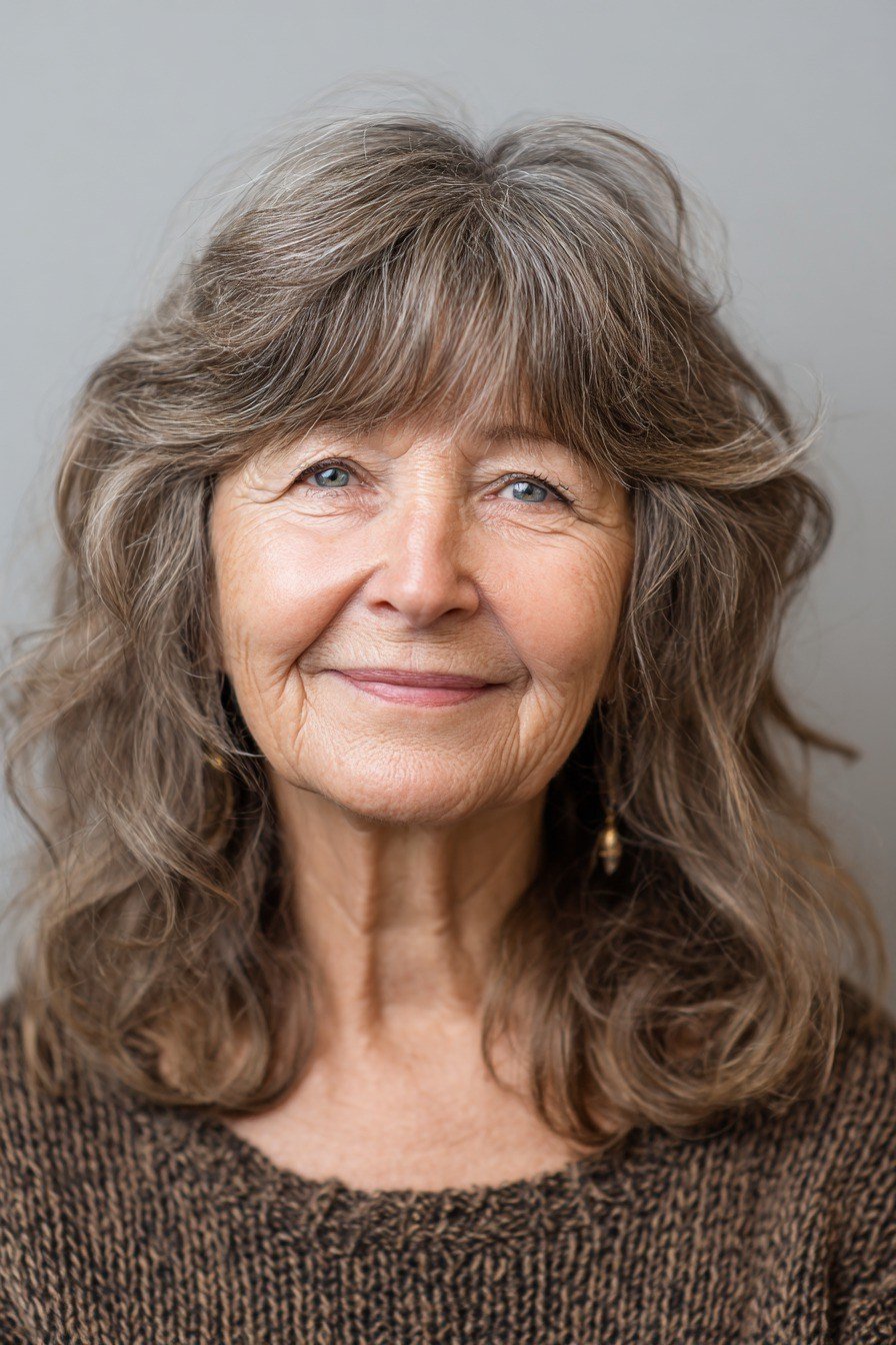 brown waves, front view, medium length hairstyle for women over 60