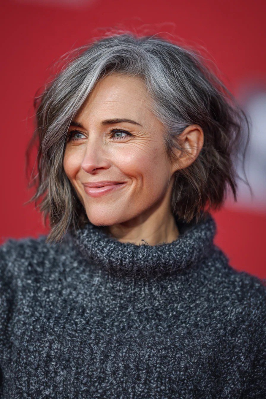 Crisp salt-and-pepper pixie cut, a polished short crop for women over 40