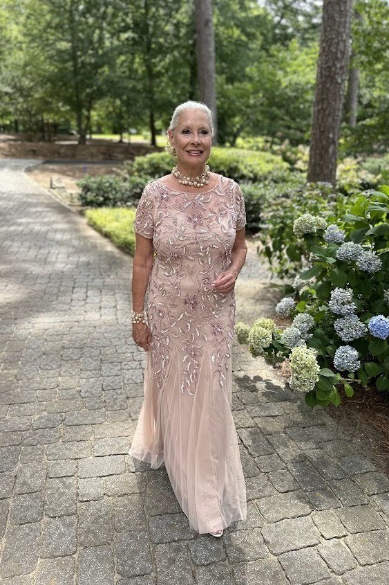 Blush-Pink Lace Gown with 3/4 Sleeves - evening outfit for women over 60