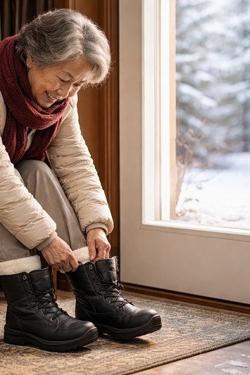 Stylish winter outfit for women over 60: lacing up black winter boots at a snowy doorway