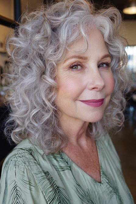 Soft silver medium curls for women over 50