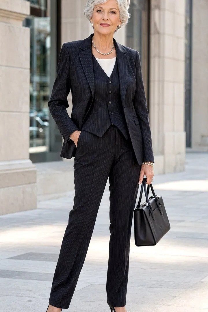 Black suit on an older woman on a street