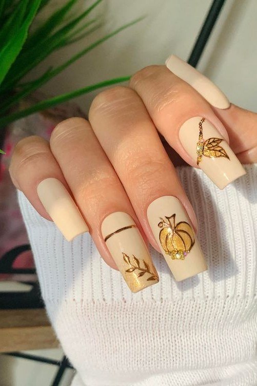 Cream gold leaf nail art, fall nail design for women over 60