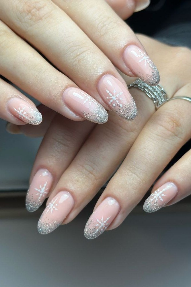 soft pink shimmer french tip christmas nails