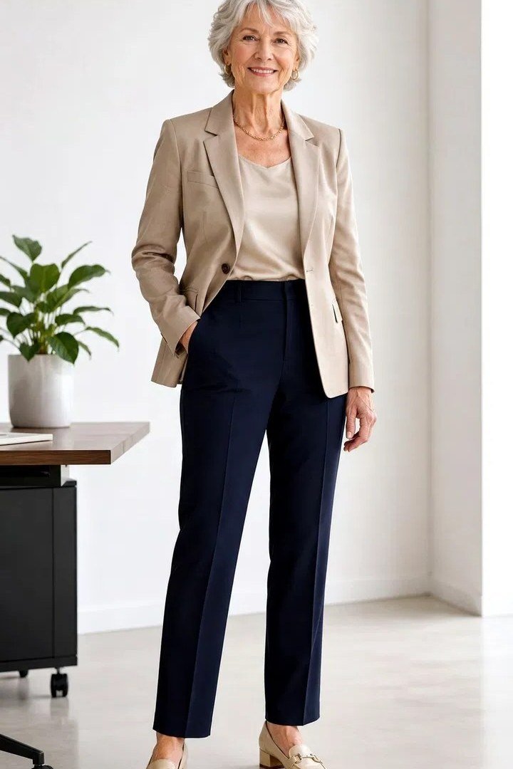 Woman over 50 wearing a taupe blazer with a navy top and gray trousers for the office