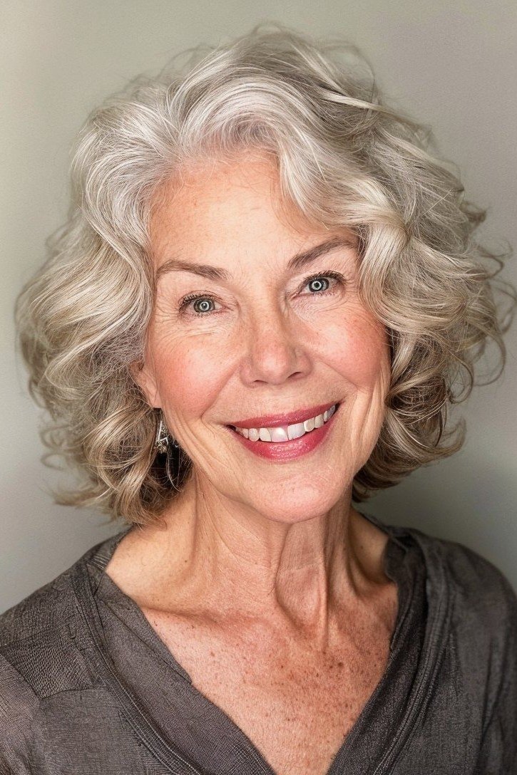 Wavy grey bob haircut for women over 70, front view