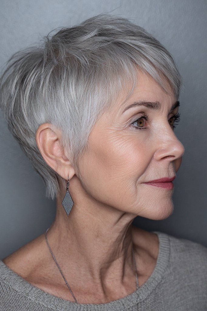 Tidy short gray pixie for women over 70, side view