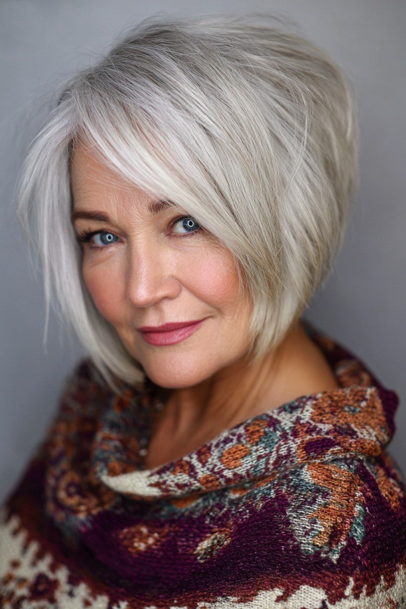 Silver bob with side-swept bangs - trendy short haircut for older women with fine hair