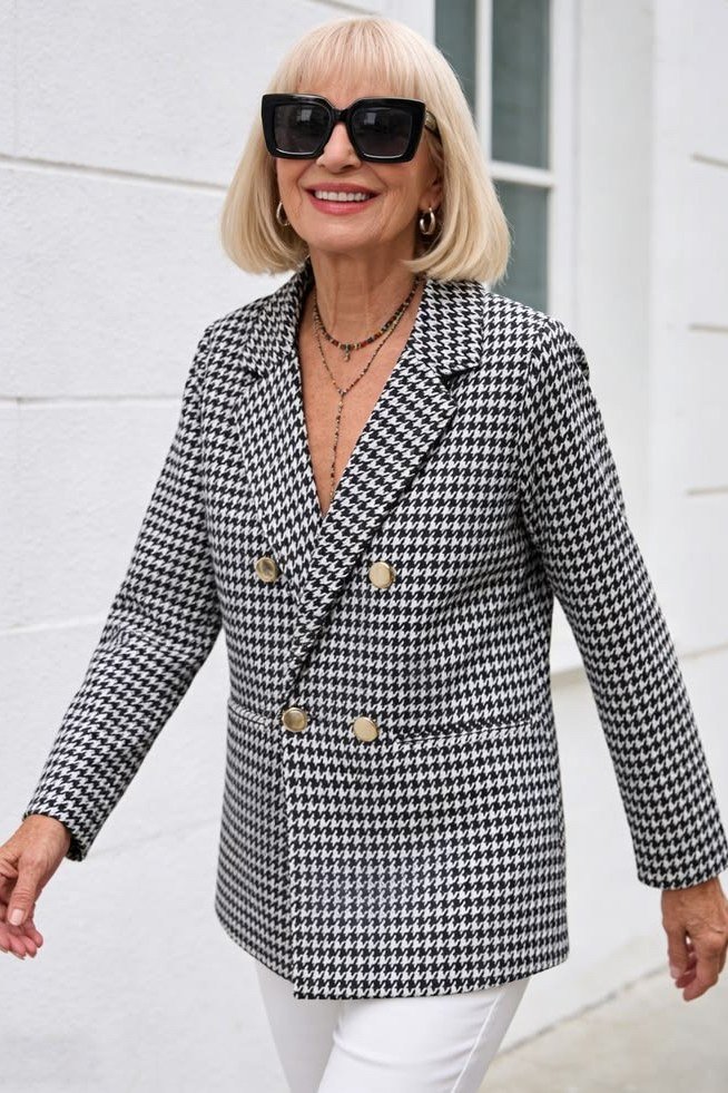 Gingham double breasted blazer with white jeans for women over 60