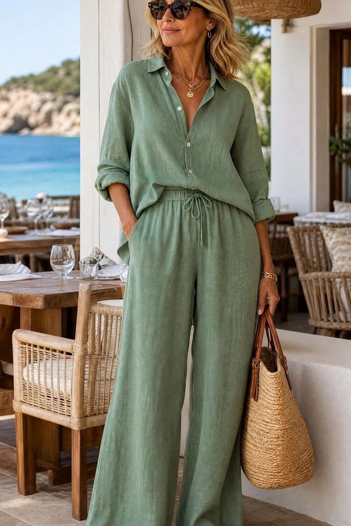 Green linen shirt with wide leg pants and straw tote, summer outfit for women over 40
