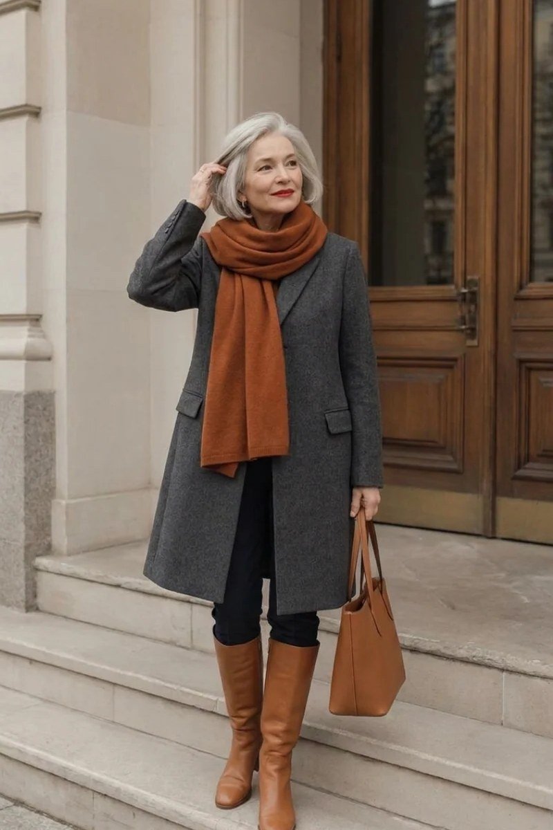 charcoal wool coat with rust scarf and tan knee boots church outfit for women over 60
