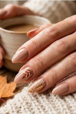 Nude Taupe with Coffee and Leaves - fall nail color idea for women over 60