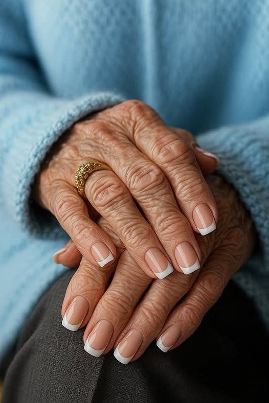 French on Older Hands, Blue Sweater - short French nails for women over 60