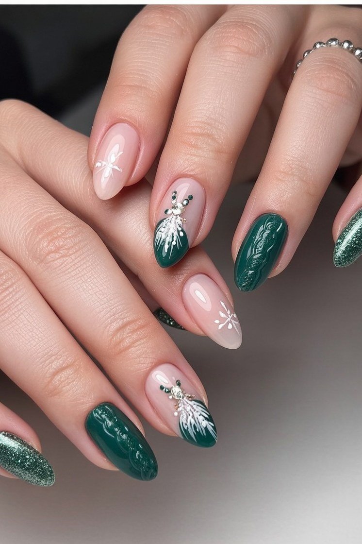 Emerald Green Glitter French Snowflake Almond Nails - emerald green glitter french snowflake almond, glitter winter nail design for women over 60