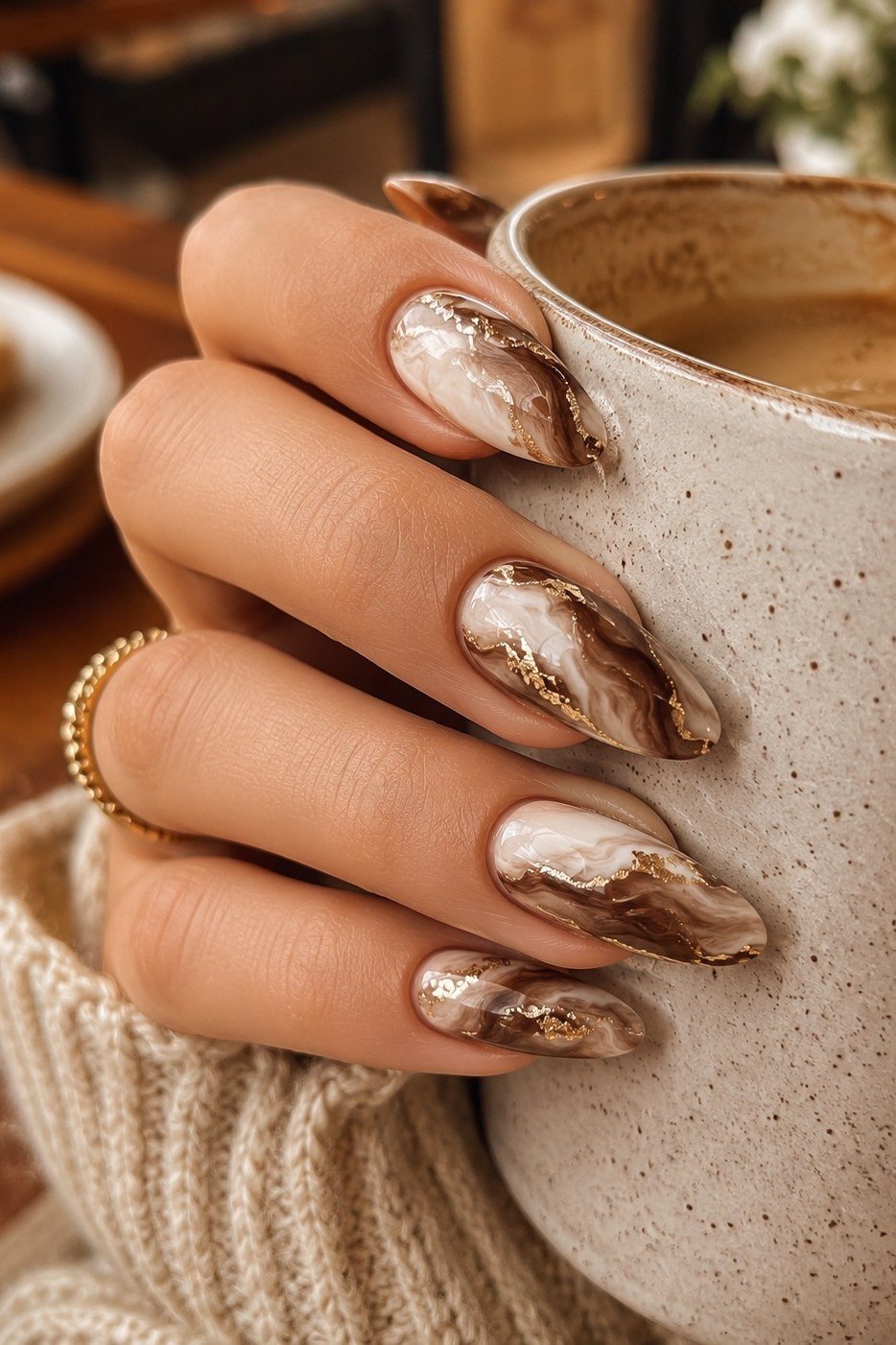 Chocolate Marble Nails with Coffee Cup, chocolate brown fall nail design for women over 60