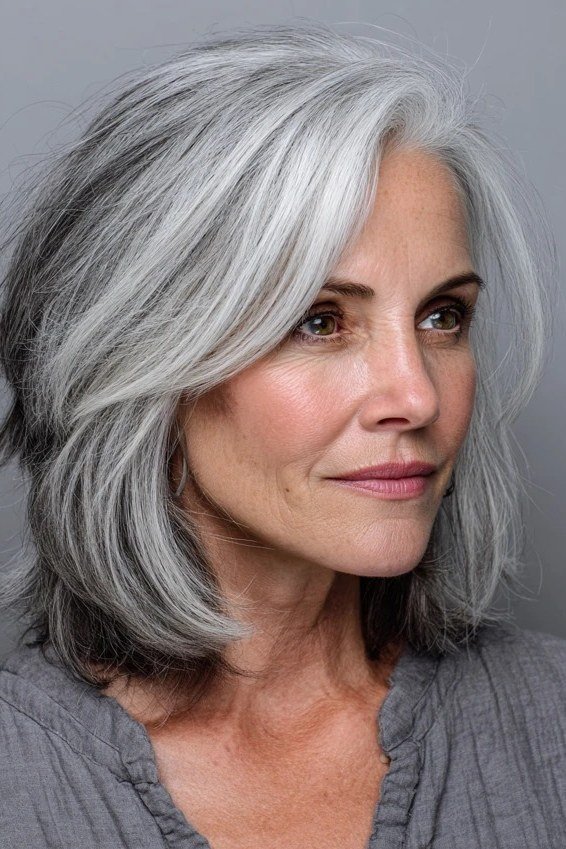 long salt and pepper layered hair for women over 50, side view