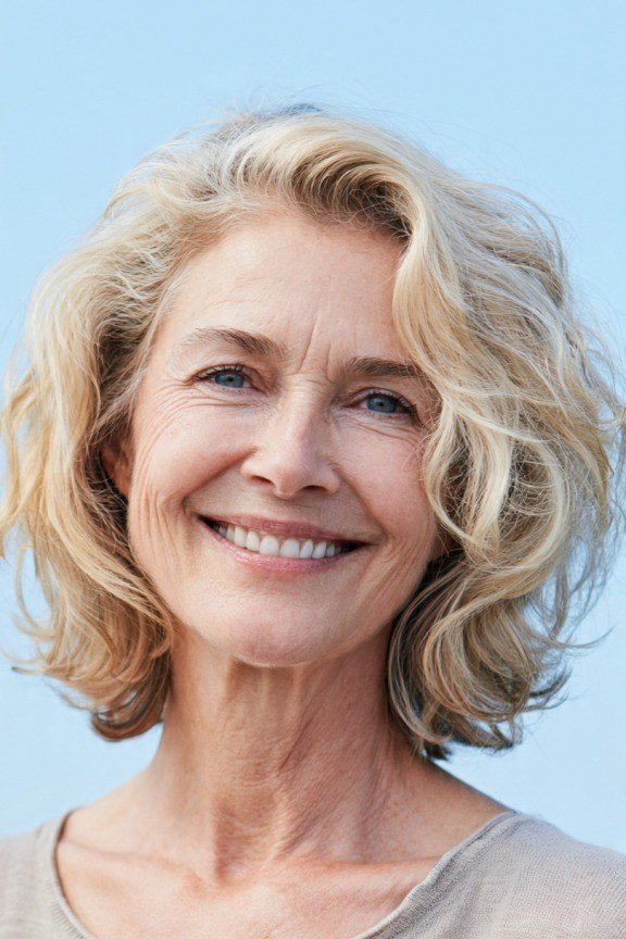 Blonde curly bob, big smile, timeless hairstyle for women over 70