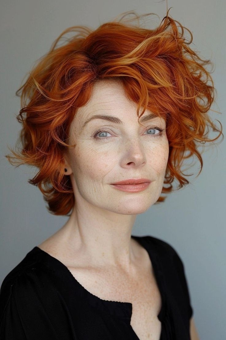 Copper curly bixie haircut front view for women over 60