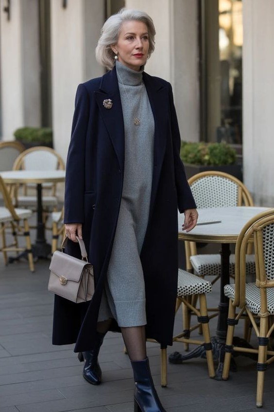 Fall city outfit for women over 50: navy long coat gray sweater dress blue boots